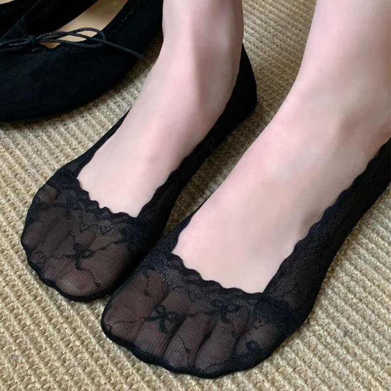 Invisibility Sock Loafer - 여성용 보우 레이스 트림 보트 양말,